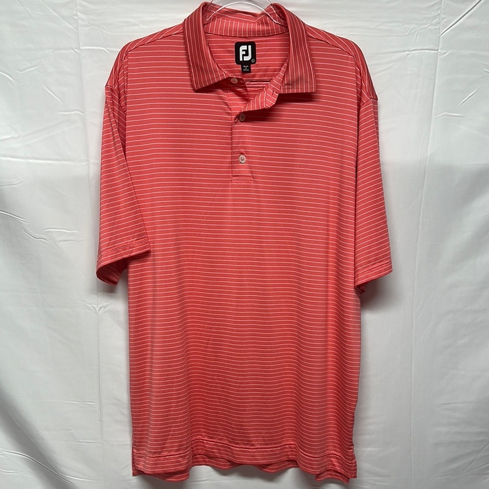 Footjoy Lisle Classic Pencil Stripe Polo Flamingo color NBC Golf Logo Men's XL - Picture 2 of 5